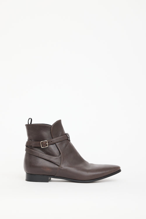 Prada Brown Leather Buckled Ankle Boot