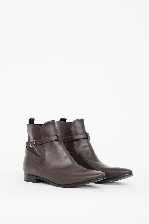 Prada Brown Leather Buckled Ankle Boot