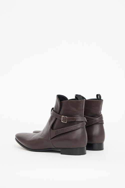 Prada Brown Leather Buckled Ankle Boot