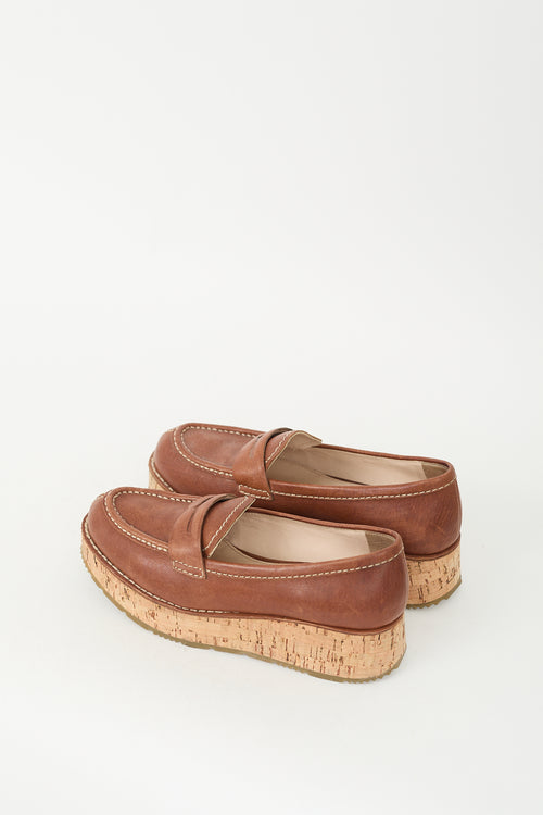 Prada Brown Leather Cork Plaform Penny Loafer