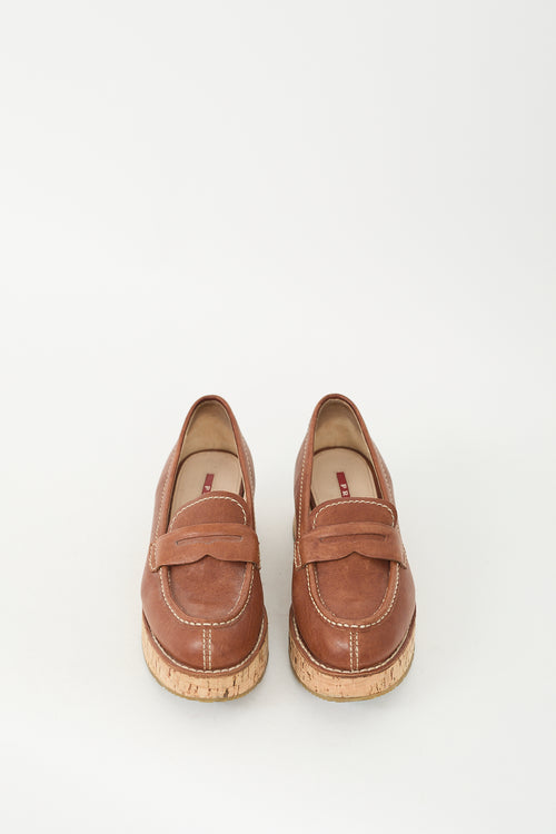 Prada Brown Leather Cork Plaform Penny Loafer