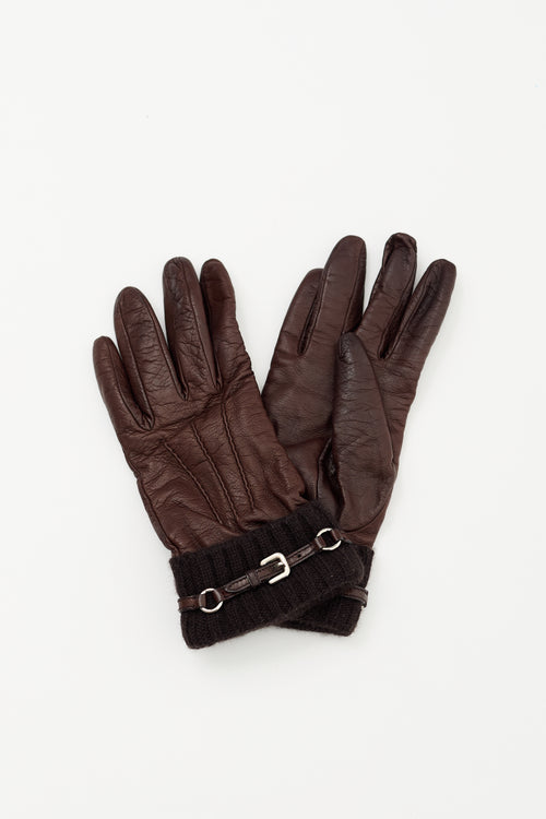 Prada Brown Leather 
Knit Buckled Gloves