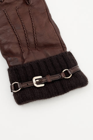 Prada Brown Leather 
Knit Buckled Gloves