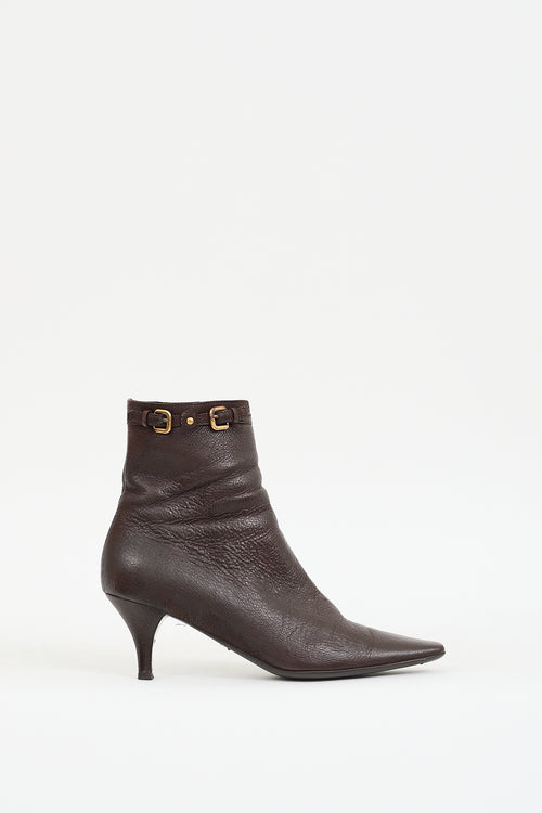 Prada Brown Leather 
Gold Buckle Boot