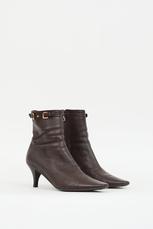 Prada Brown Leather 
Gold Buckle Boot