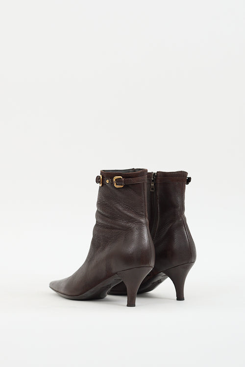 Prada Brown Leather 
Gold Buckle Boot