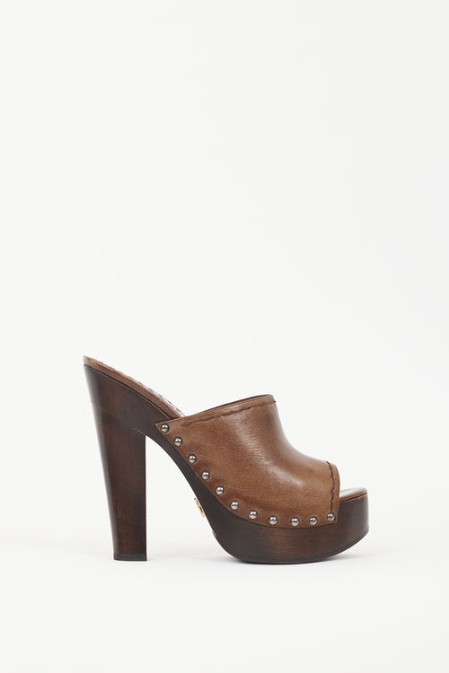 Prada Brown Leather Wooden Platform Clog