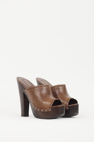 Prada Brown Leather Wooden Platform Clog