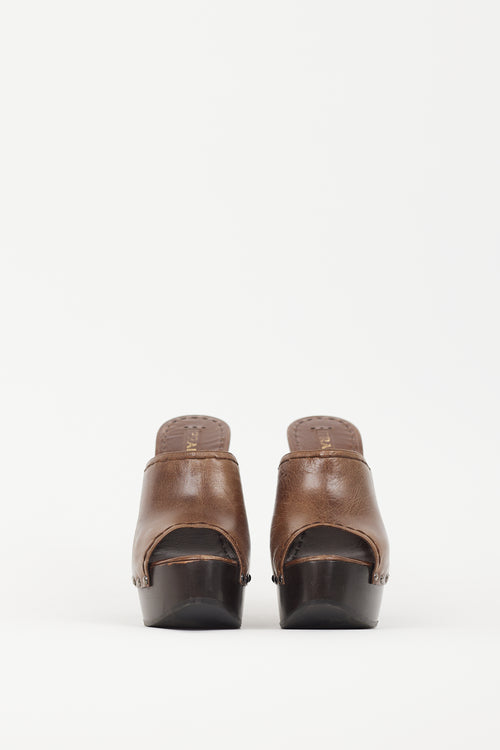 Prada Brown Leather Wooden Platform Clog