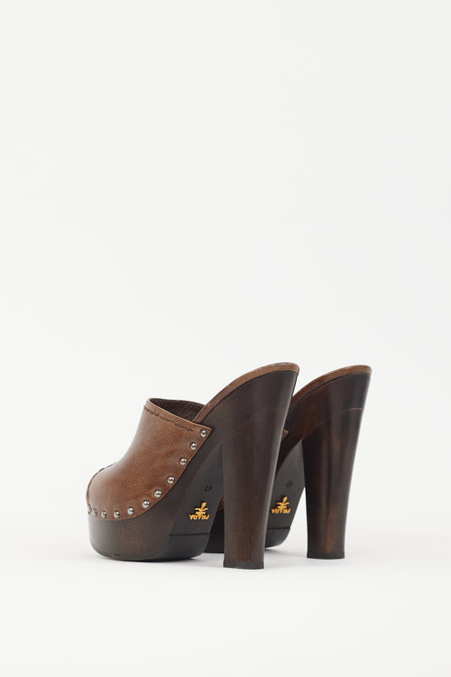 Prada Brown Leather Wooden Platform Clog