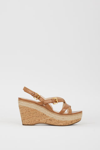 Prada Sport Brown Leather 
Cork Wedge Sandal