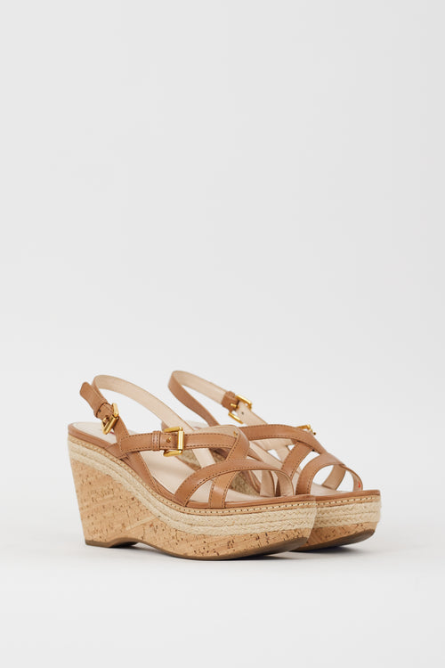 Prada Sport Brown Leather 
Cork Wedge Sandal