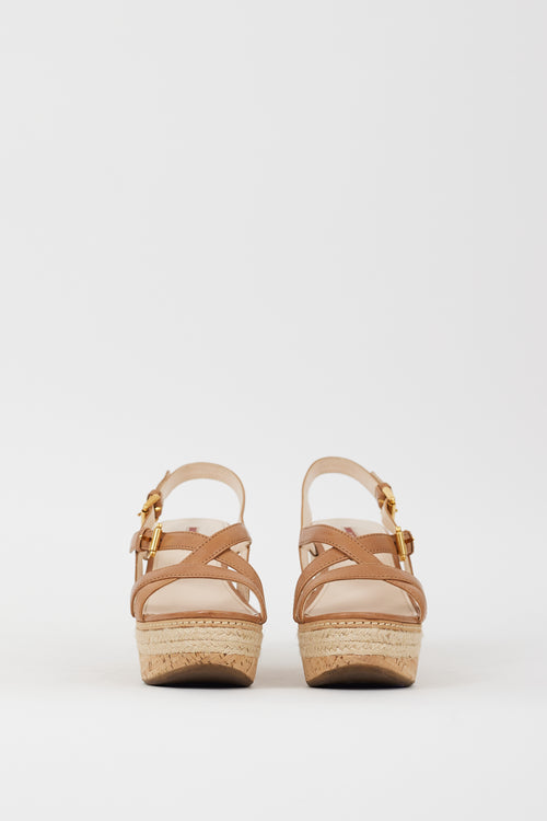 Prada Sport Brown Leather 
Cork Wedge Sandal