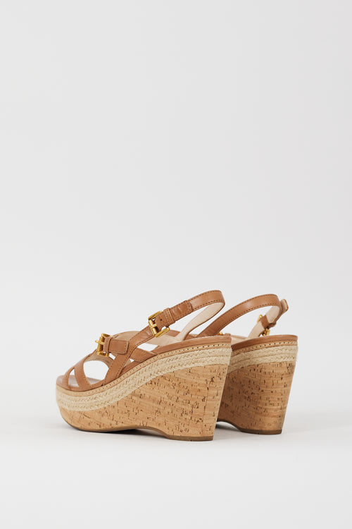 Prada Sport Brown Leather 
Cork Wedge Sandal