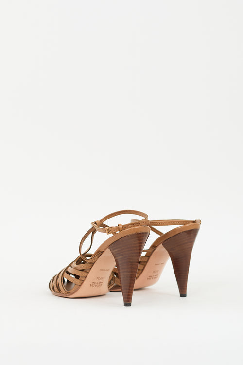 Prada Brown Leather Woven T-Strap Pump