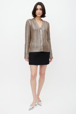 Prada Brown Coated Wool Cableknit Cardigan