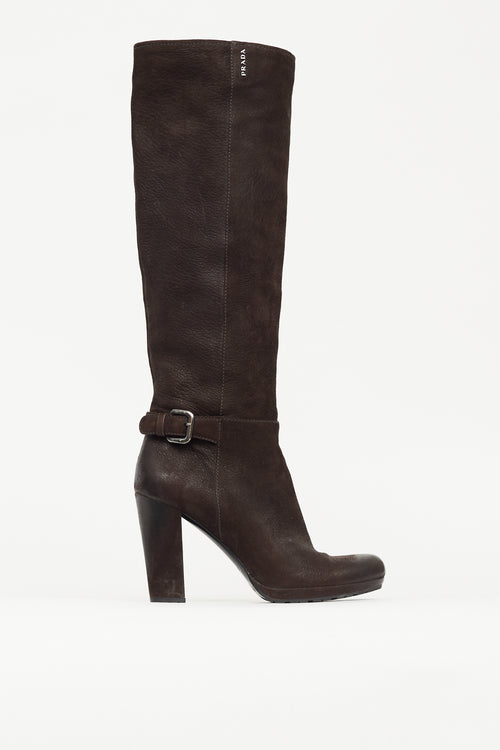 Prada Brown Nubuck Knee High Pump Boot