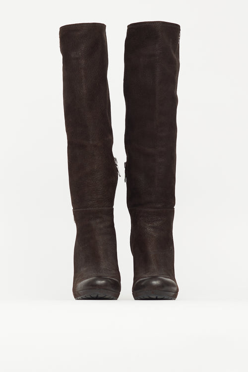 Prada Brown Nubuck Knee High Pump Boot