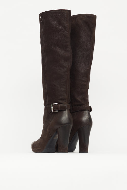 Prada Brown Nubuck Knee High Pump Boot