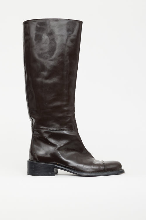 Prada Brown Patent Knee High Riding Boot