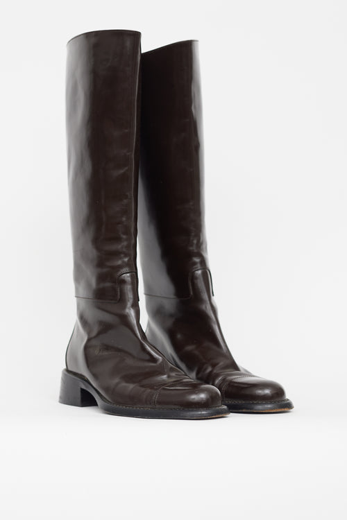 Prada Brown Patent Knee High Riding Boot