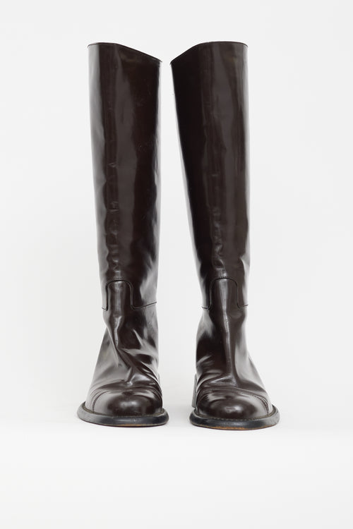 Prada Brown Patent Knee High Riding Boot