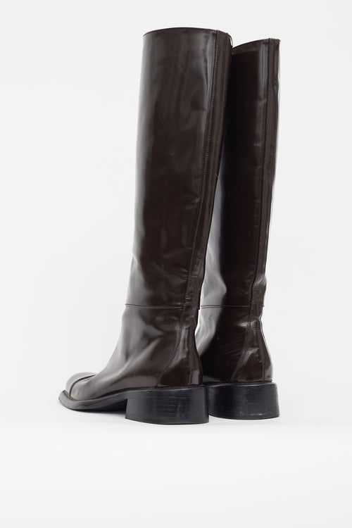 Prada Brown Patent Knee High Riding Boot