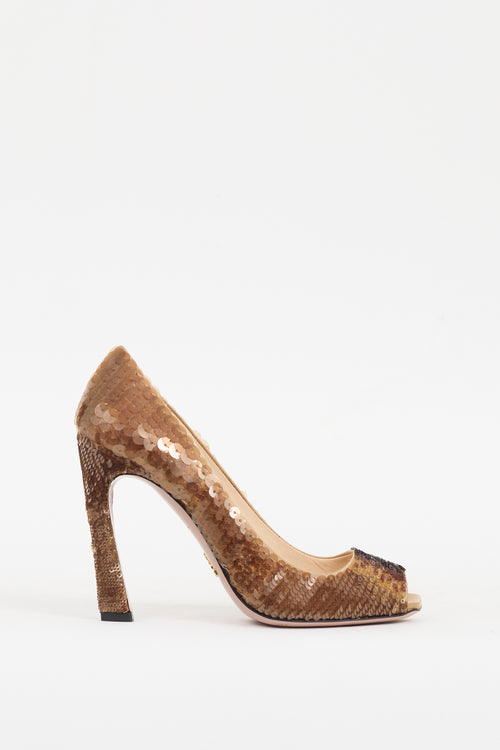 Prada Brown Sequin Peep Toe Pump