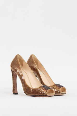 Prada Brown Sequin Peep Toe Pump