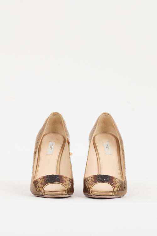 Prada Brown Sequin Peep Toe Pump