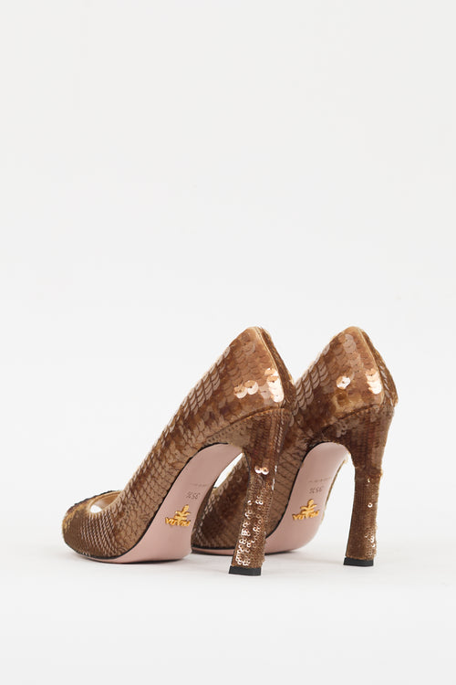 Prada Brown Sequin Peep Toe Pump