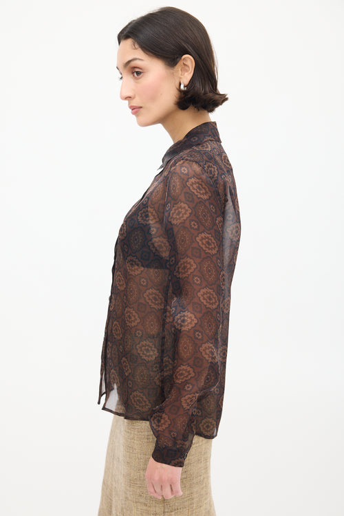 Prada Brown Silk Sheer Printed Shirt