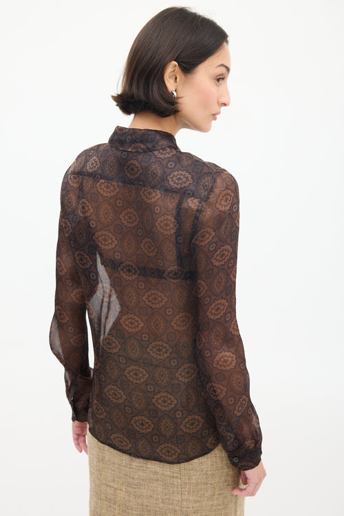 Prada Brown Silk Sheer Printed Shirt