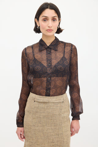 Prada Brown Silk Sheer Printed Shirt