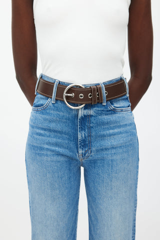 Prada Brown 
Silver Circle Buckle Belt