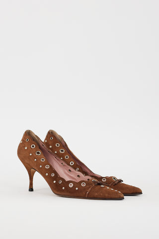 Prada Brown 
Silver Suede Grommet Heel