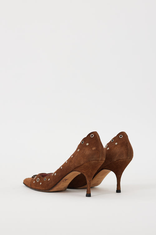 Prada Brown 
Silver Suede Grommet Heel