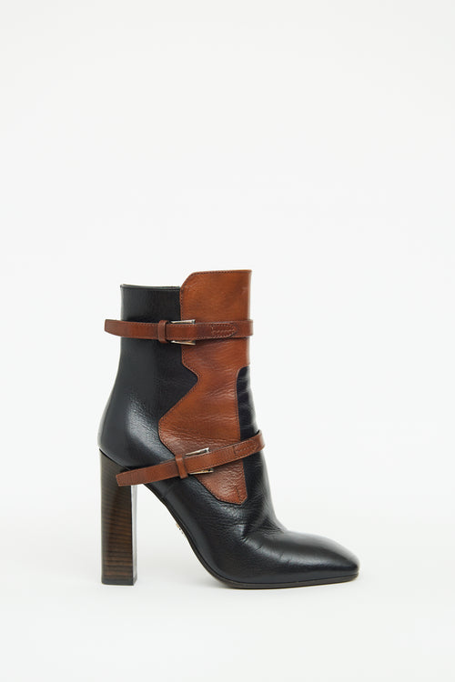 Prada Black 
Brown Buckle High Heel Boot