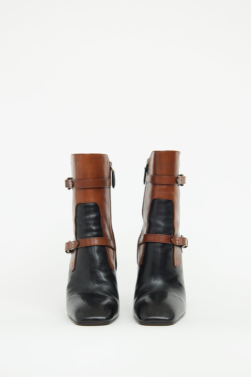 Prada Black 
Brown Buckle High Heel Boot