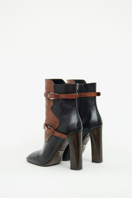 Prada Black 
Brown Buckle High Heel Boot