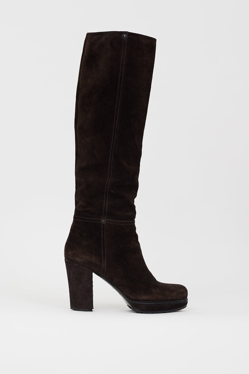 Prada Dark Brown Suede Knee High Boot