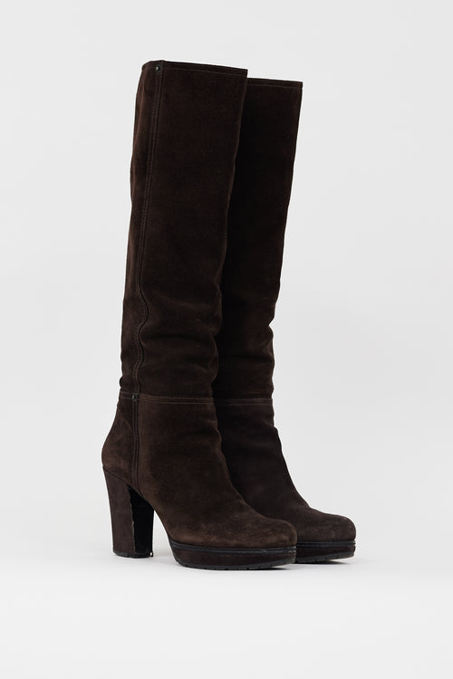 Prada Dark Brown Suede Knee High Boot