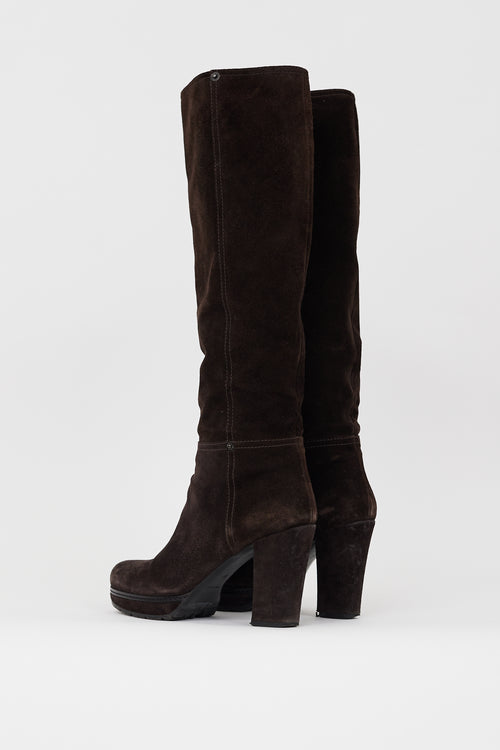 Prada Dark Brown Suede Knee High Boot