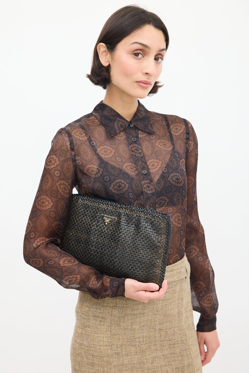 Prada Brown Woven Leather Zip Clutch