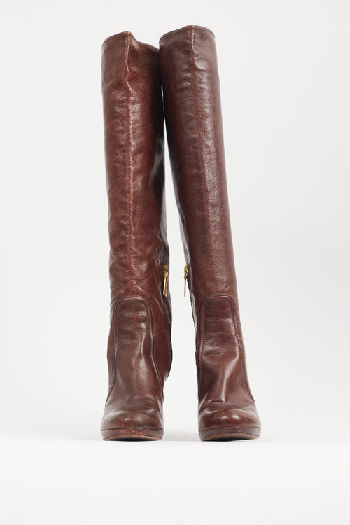 Prada Brown Crackled Leather Knee High Boot