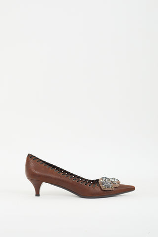 Prada Brown Leather 
Beaded Knit Appliqué Pump