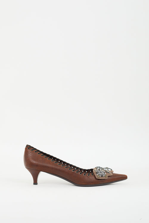 Prada Brown Leather 
Beaded Knit Appliqué Pump