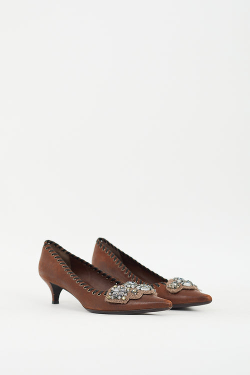 Prada Brown Leather 
Beaded Knit Appliqué Pump