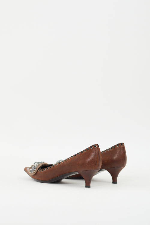 Prada Brown Leather 
Beaded Knit Appliqué Pump