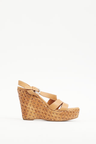 Prada Brown Leather 
Woven Straw Wedge Heel